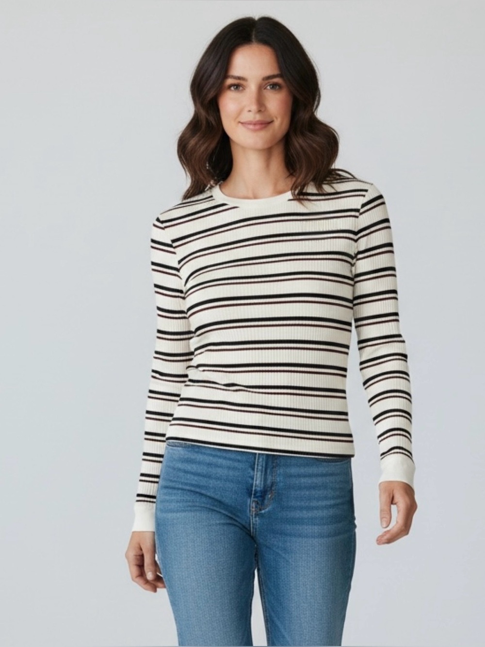 FRAME Women’s Cream Ribbed Long Sleeve Viscose Top with Stripes Size Medium